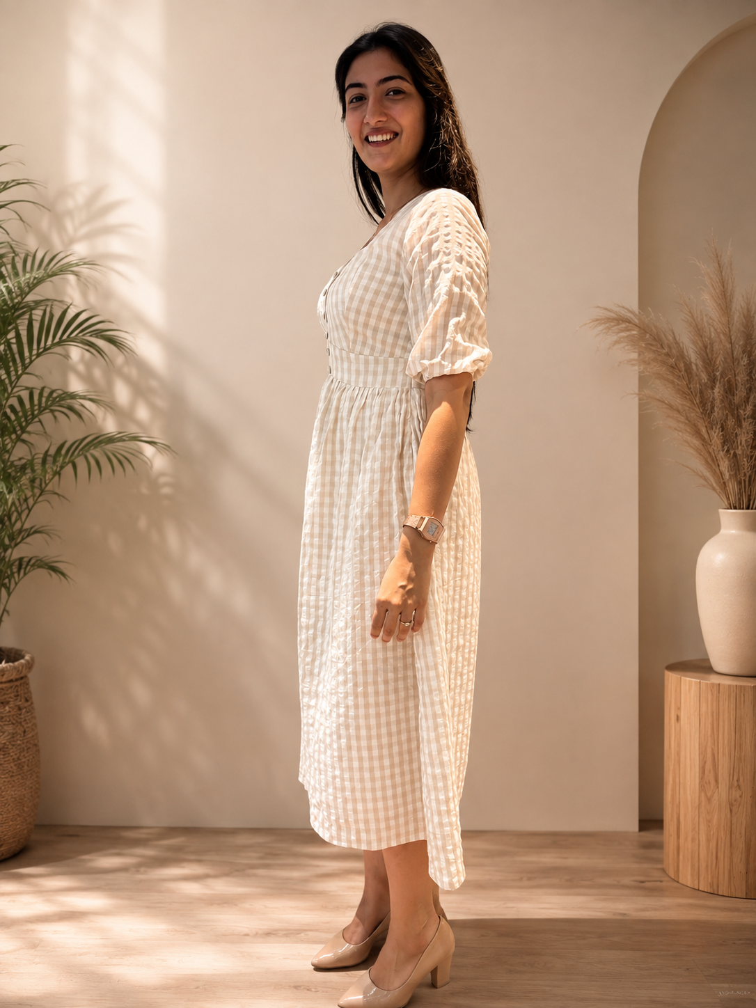 Oat Gingham Dress